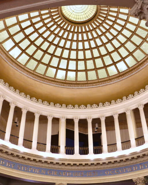 Dome ceiling with intricate architectural design in a building first bank Philadelphia. The Paint Laboratory Metallic Paint Gold.