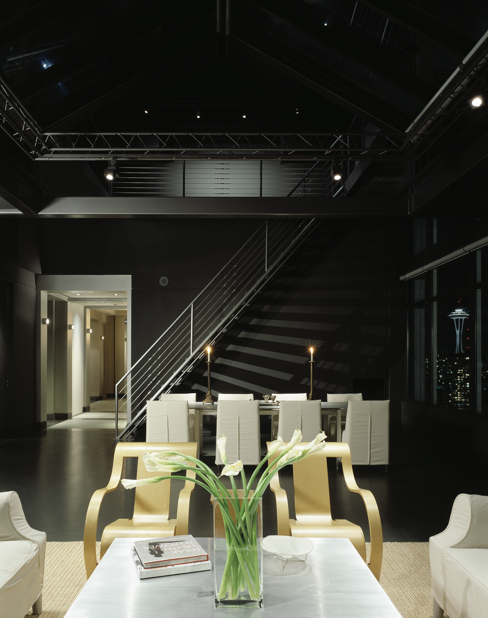 Dark architectural interior and staircase finished with Paint Laboratory coatings