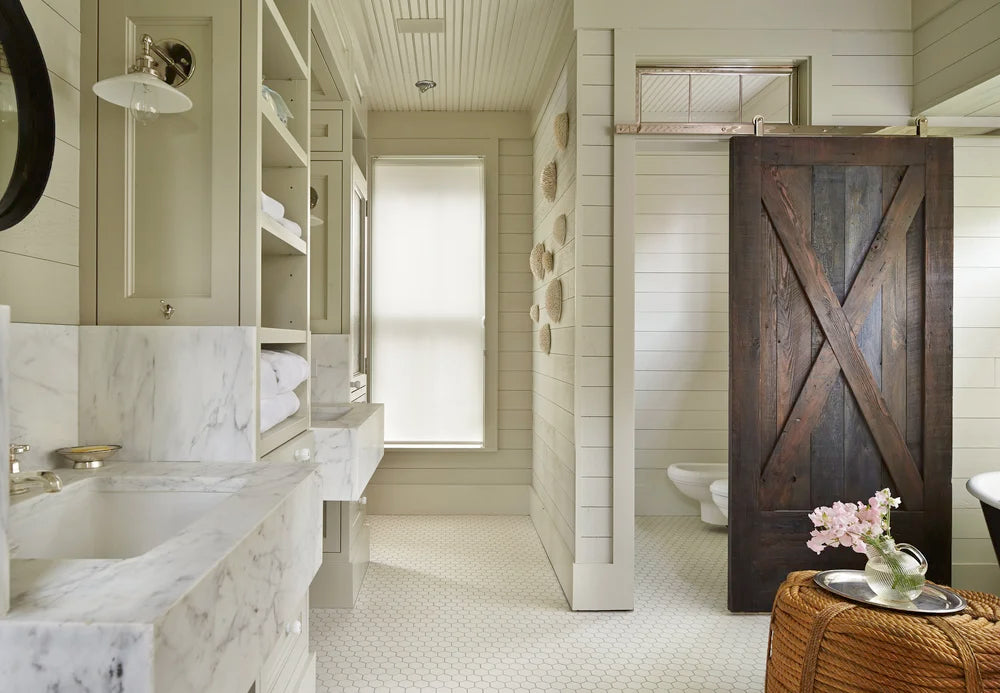 Bathroom interior with coordinated paint colors and materials
